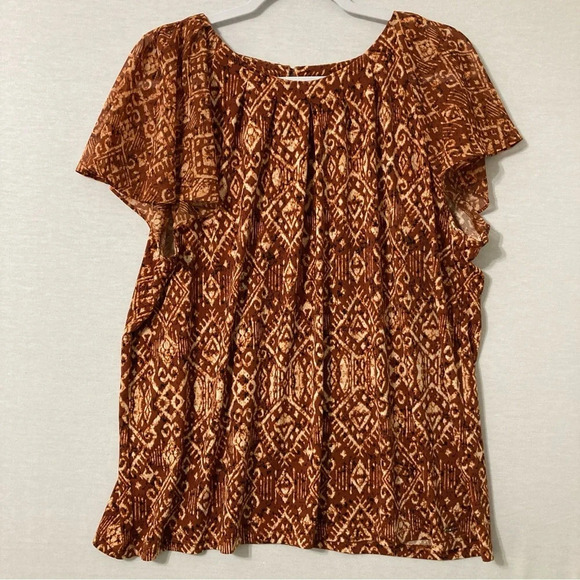 Calvin Klein Brown Tan Geometric Print Round Neck Short Sleeve Blouse XL - Picture 1 of 10
